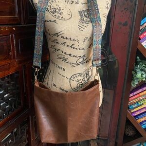 Brown vegan Leather Bag with Patterned Strap